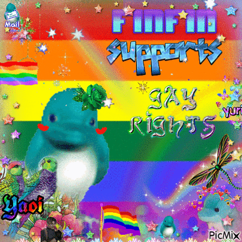 a rainbow colored background with a blue bird and the words " find in supports gay rights "