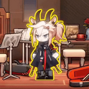 a cartoon character with horns is standing in front of a piano .