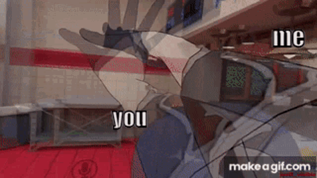 a gif of a person saying " me you " in a room