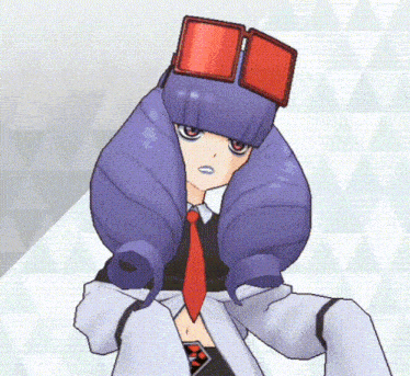 a cartoon character with purple hair wearing a red tie