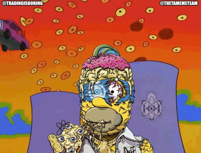 a cartoon of homer simpson with a donut on his head and the words tradingisboring above him