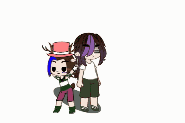 a girl with purple hair is standing next to a boy wearing a top hat .