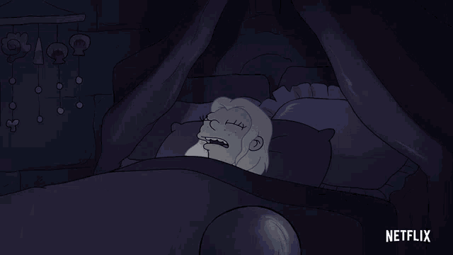 a cartoon of a woman sitting on a bed with the words oh god what time is it on the bottom