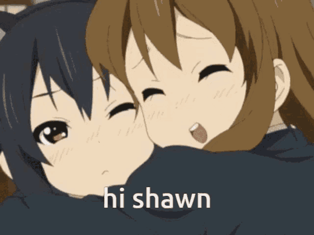 two anime girls hugging each other with the words hi shawn written below them