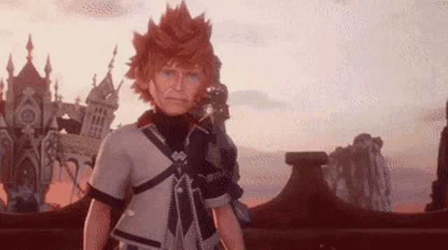 a cartoon character with red hair and blue eyes is standing in front of a building .