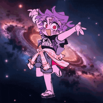 a cartoon character with purple hair is standing in front of a galaxy ..
