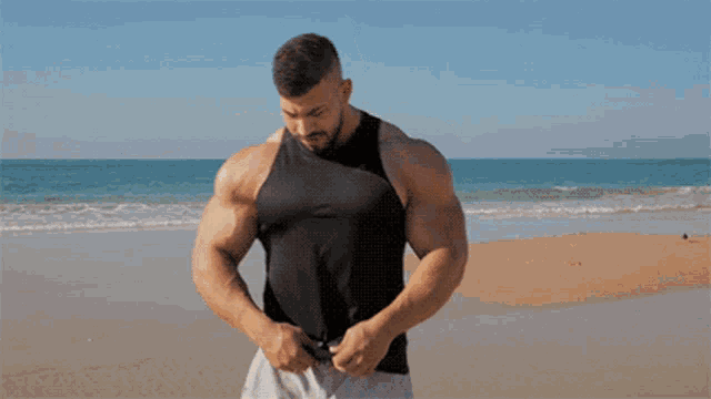 a shirtless man is standing on a beach
