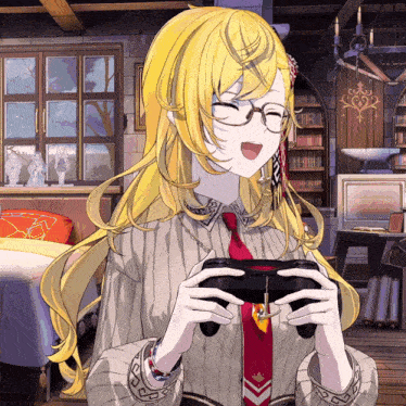 a girl with glasses is holding a game controller in her hands