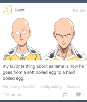 a picture of saitama from one punch man with the caption my favorite thing about saitama