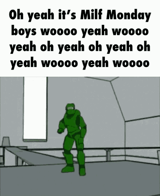 a cartoon of a man dancing in a room with the words oh yeah it 's milf monday