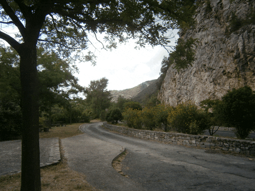 a stone wall along the side of a road surrounded by trees