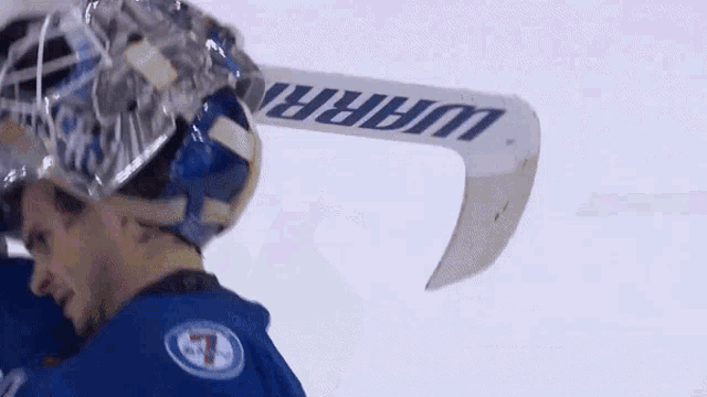a hockey goalie wearing a helmet and holding a warrior stick