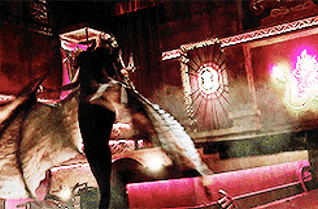 a dragon is flying in a dark room with a neon sign that says ' r ' on it