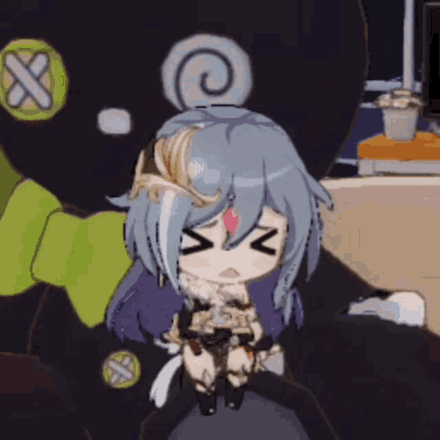 a cartoon character with a swirl in her hair is sitting next to a stuffed animal