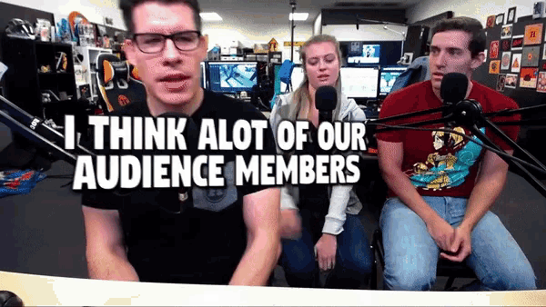 a group of people are sitting in front of microphones with the words " i think alot of our audience members "