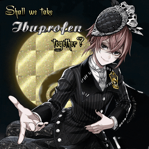 a cartoon character with the words " shall we take ibuprofen together " on the bottom