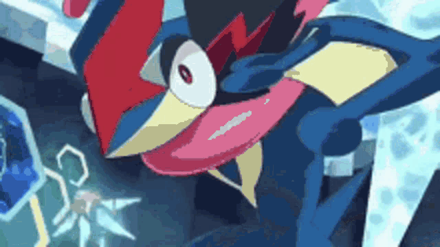 a close up of a cartoon character with a red and blue hat .