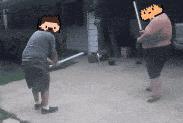 a pixelated image of two men holding swords in front of a garage
