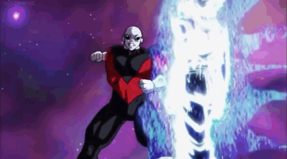a cartoon character is standing in front of a purple background and a blue light is coming out of his hand .