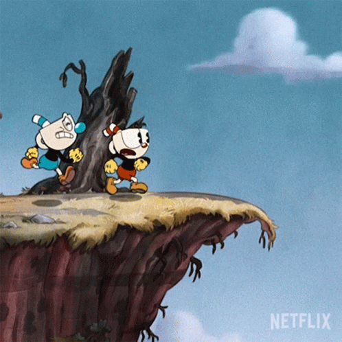 Almost Falling Off A Cliff Cuphead GIF - Almost Falling Off A Cliff Cuphead Mugman GIFs