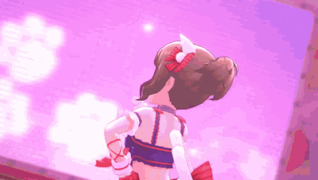 a cartoon girl is standing in front of a purple background
