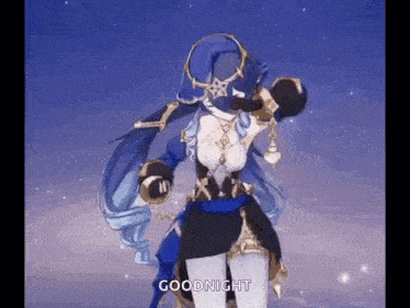 a girl in a blue dress is standing in front of a starry sky and says goodnight .