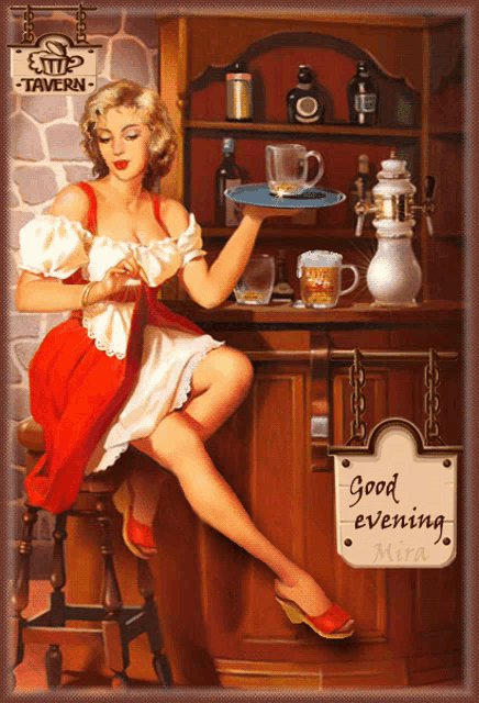a painting of a woman sitting at a bar holding a tray with a sign that says good evening mira