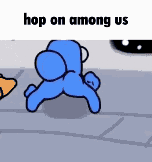a blue among us character is dancing on the ground