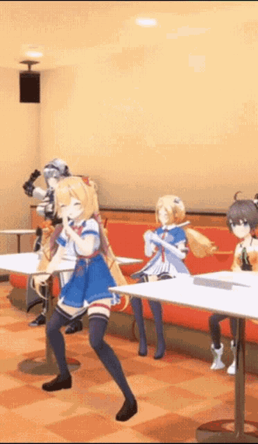 a group of anime characters are dancing in a restaurant