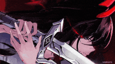 a drawing of a person holding a sword with the letters s on the blade