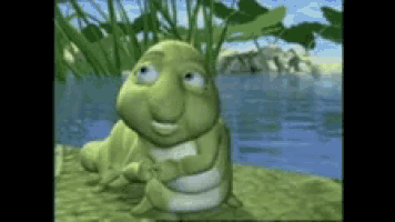 a cartoon frog is sitting on the ground near a body of water