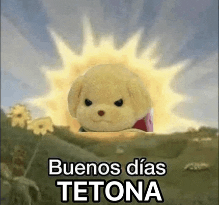 a teddy bear is sitting in front of a sun in a field with the words buenos dias tetona written on it .