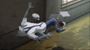 a cartoon of a person falling on their back with a box in the background