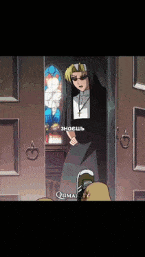 a cartoon of a nun standing in front of a door that says qumar.tv on it