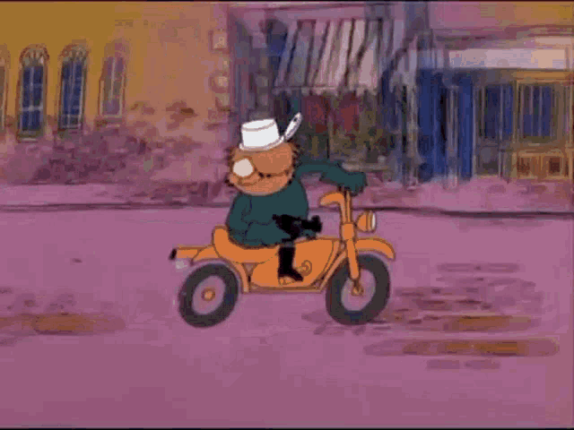 a cartoon character is riding a motorcycle down a street in front of a building .