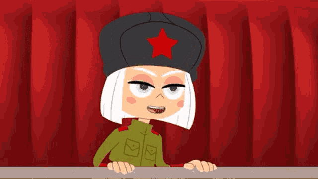 a cartoon character with a red star on her hat holds a red object
