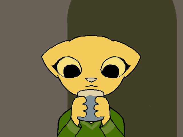 a cartoon drawing of a cat drinking a can of soda