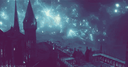 a picture of a castle with lightning strikes and a tumblr logo