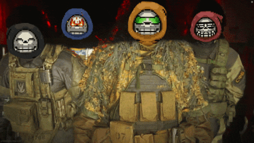 a group of soldiers are posing for a picture and one of them has a patch on his arm that says ' cqb '