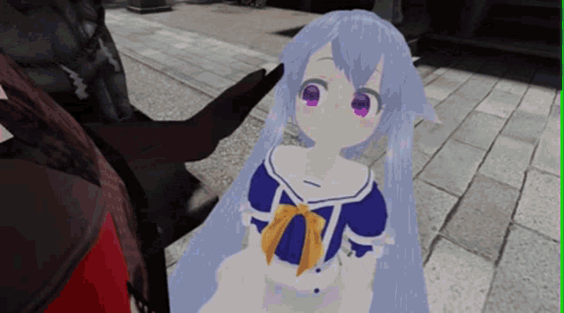 a cartoon girl with blue hair and purple eyes is standing next to a person .