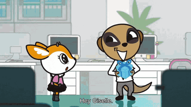 a cartoon of a meerkat giving a gift to another meerkat named giselle