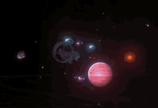 a space station is surrounded by planets and asteroids