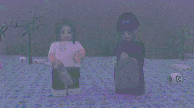 two lego figures one wearing a fendi hat are standing next to each other
