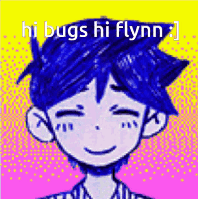a cartoon of a boy with blue hair and the words hi bugs hi flynn