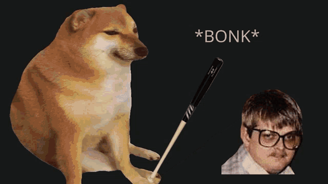 a chew dog is holding a baseball bat next to a man with glasses and a mustache