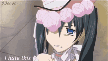 a picture of a girl with flowers on her head and the words i hate this on the bottom