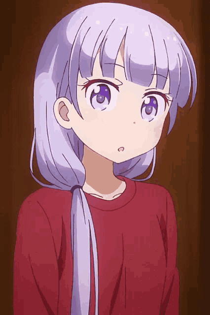 a girl with purple eyes and a red shirt