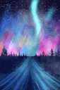 a pixel art painting of the northern lights over a snowy road .