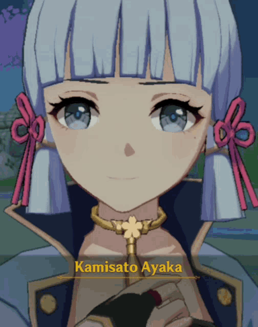 a close up of a girl with the name kamisato ayaka on the bottom