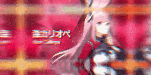 a girl with pink hair is standing in front of a red background with chinese writing .